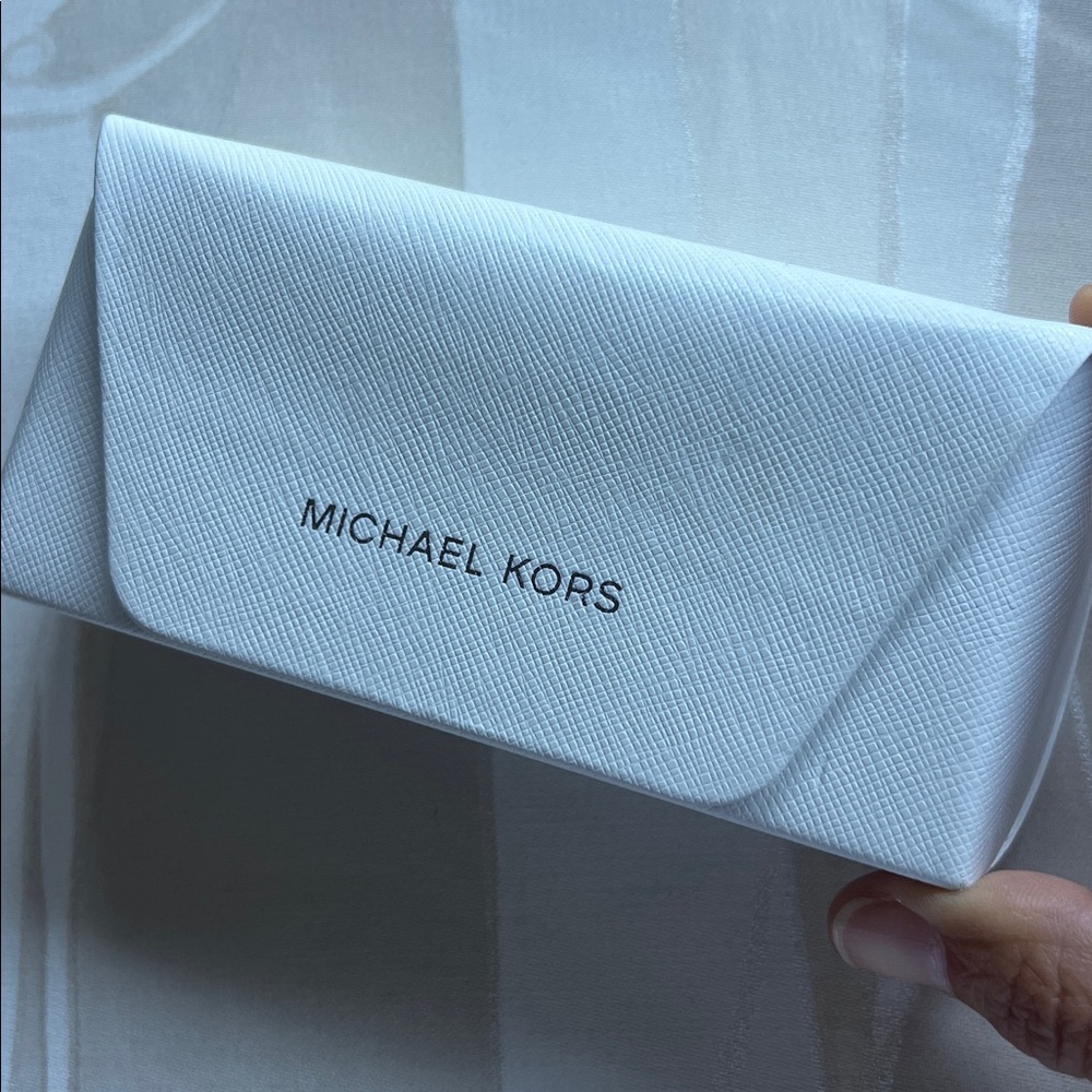 Michael Kors Textured hard sunglasses case. White. Dust cleaner and booklet.